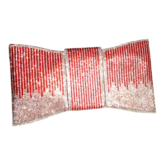 Women's Pavé Red & Silver Rhinestone Bowtie Shape Clutch Handbag Purse - Picture 7 of 7